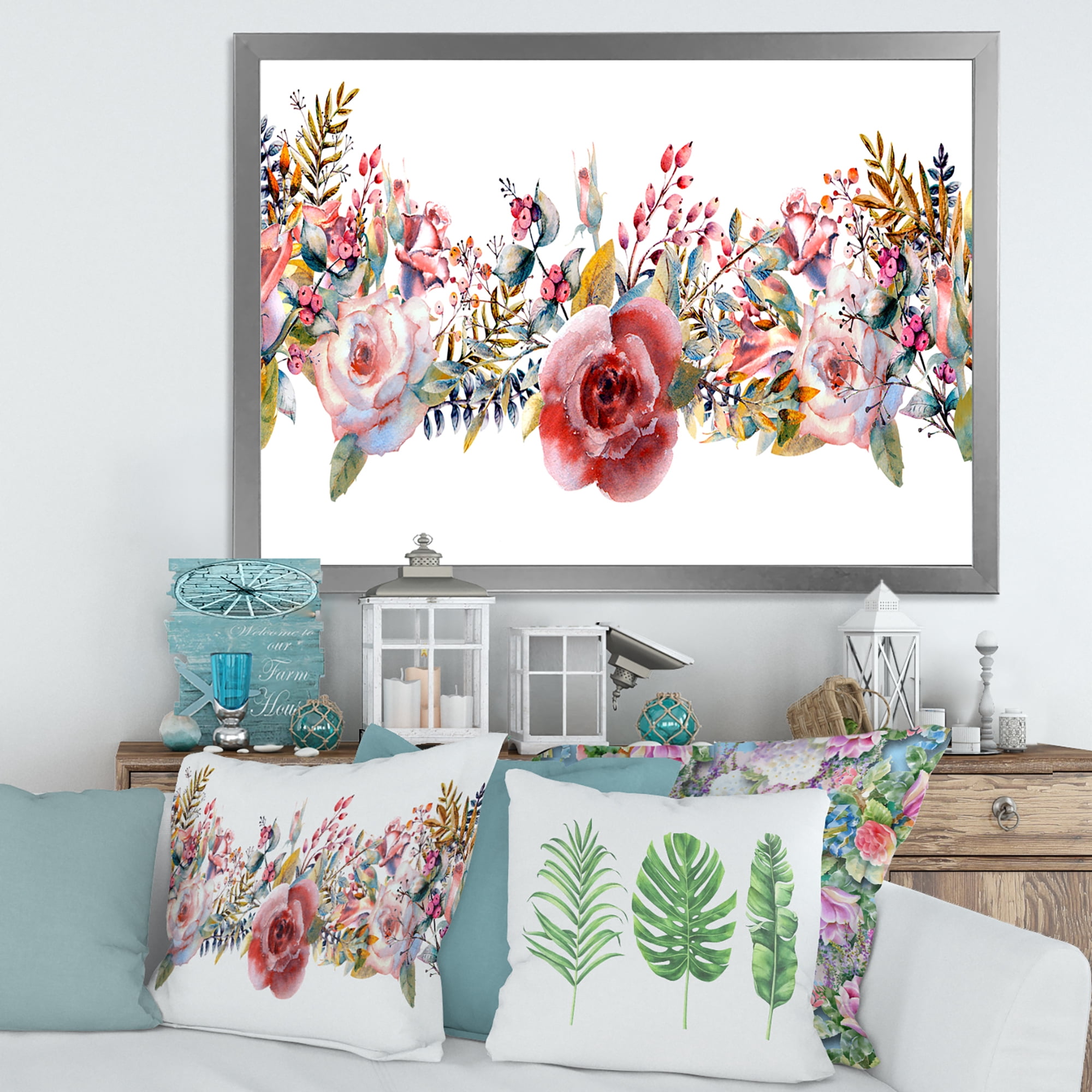 Designart 'Wildflower and Pink Roses' Farmhouse Framed Art Print