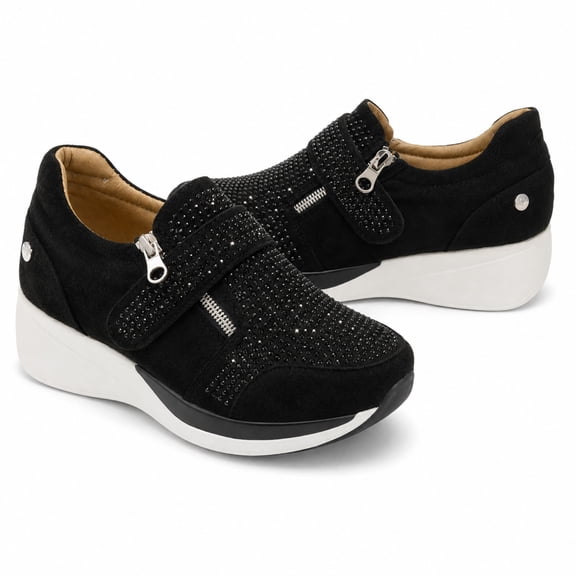 Women’s Rhinestone Wedge Casual Shoes, Round Toe Hook-and-Loop Walking Shoes