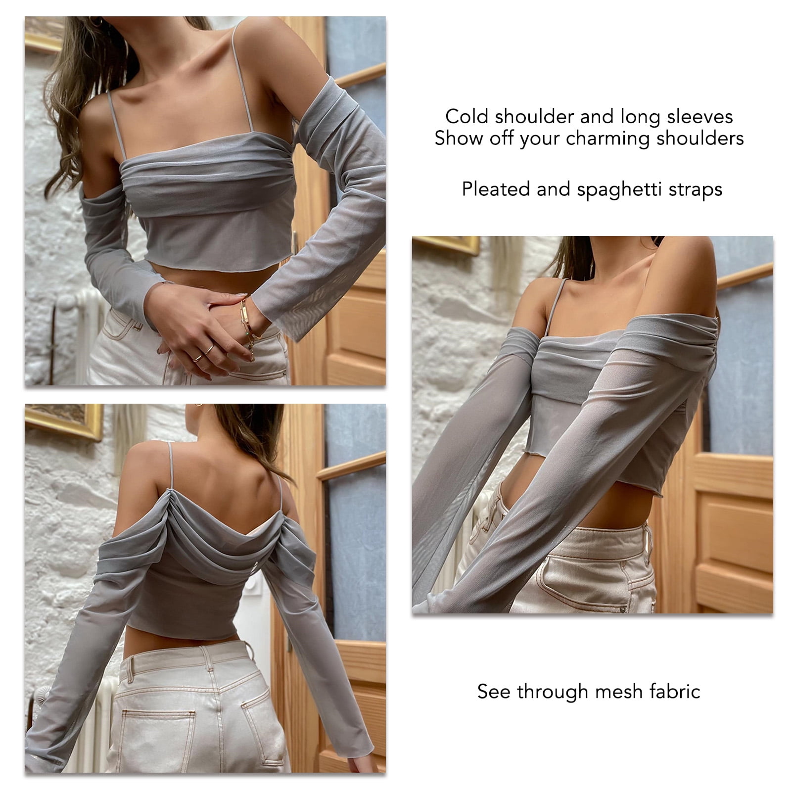 Women Camisole Top Sexy Off Shoulder Short Top See Through Mesh Long Sleeves Top Pure Color Casual Camisole Female Cold Shoulder Top Thin Spaghetti