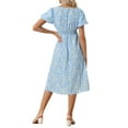 thumbnail image 3 of INSPIRE CHIC Women's Midi Floral V Neck Puff Sleeves Casual Smocked Waist Dress Blue XS, 3 of 5