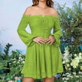 thumbnail image 6 of Lovskoo Womens 2024 Off Shoulder Summer Lace Cocktail Swing Dress Lace Up Bubble Long Sleeve Wedding Guest Party A Line Midi Dress Green, 6 of 8