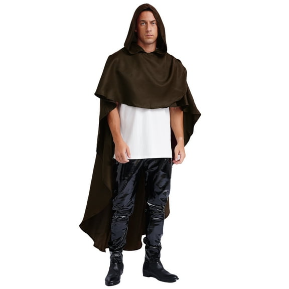 Mufeng Men's Halloween Hooded Colak Medieval Costume Vintage Hobbit Wizard Gothic Cpae Shawl Coffee M