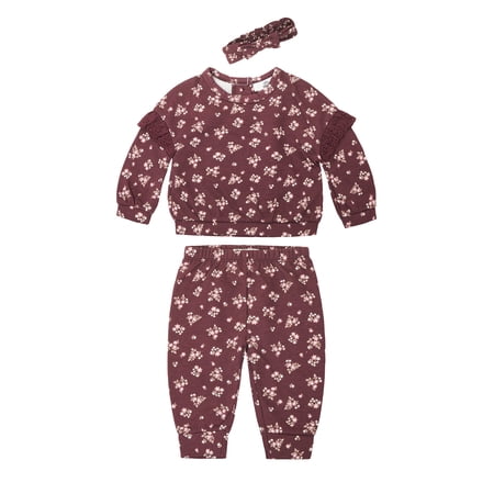 Wonderluxe Baby Girls' Long Sleeve Sweatshirt and Pant, 3-Piece Set, Sizes 0-3M-24M