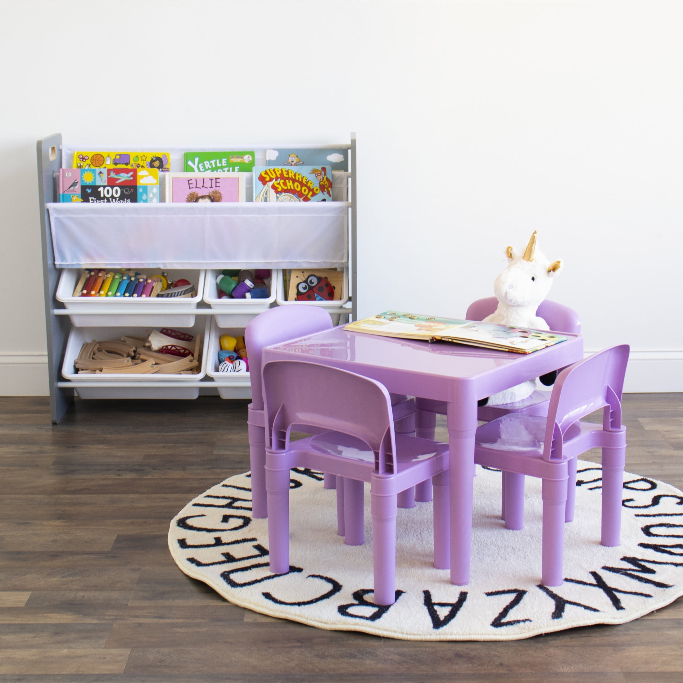 Humble Crew Quinn Toddler Lightweight Plastic Table and 4 Chairs Set, Square Purple Table & Chairs
