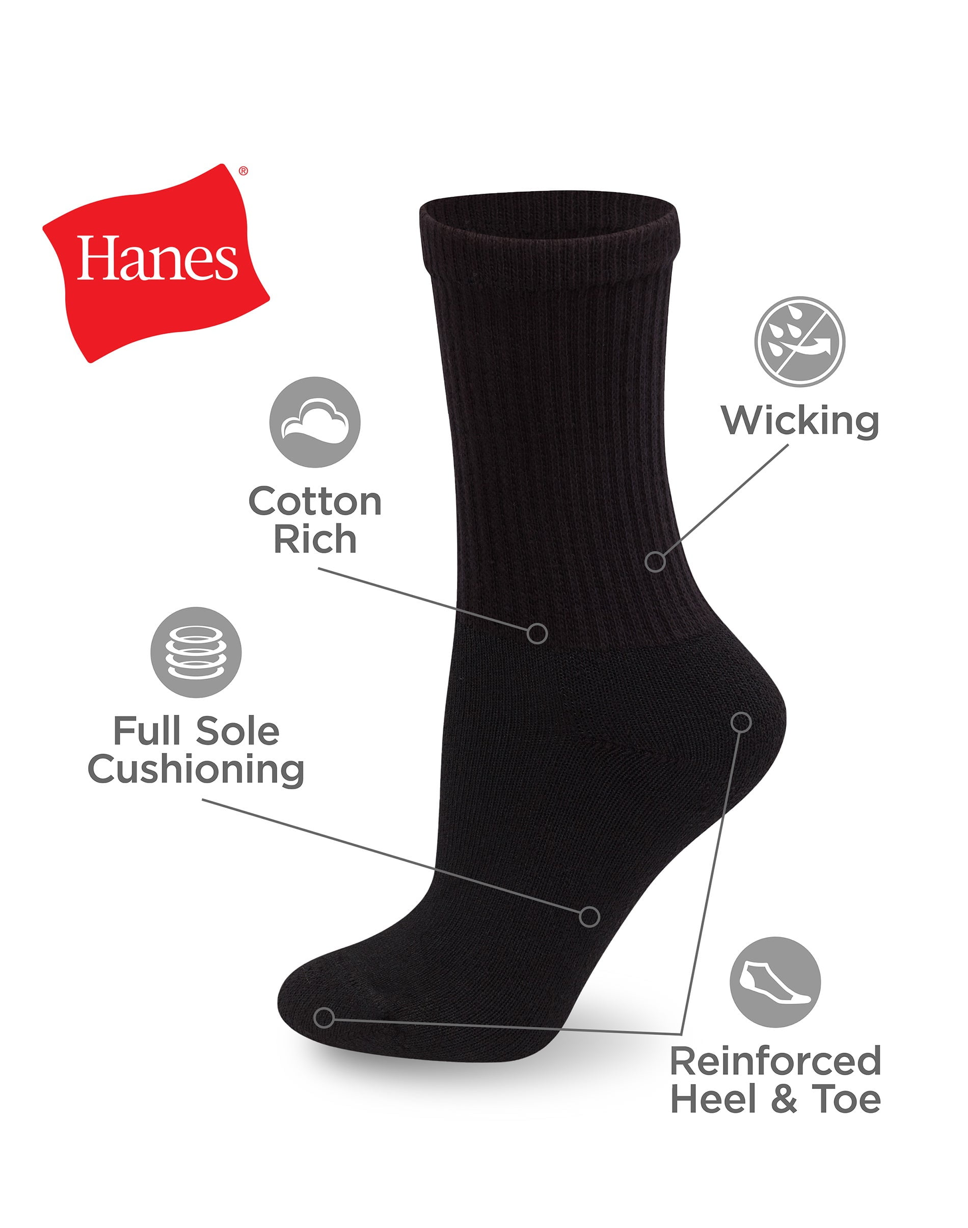 Hanes Women's Crew Socks, Cushioned, 10-Pack, Size 5-9