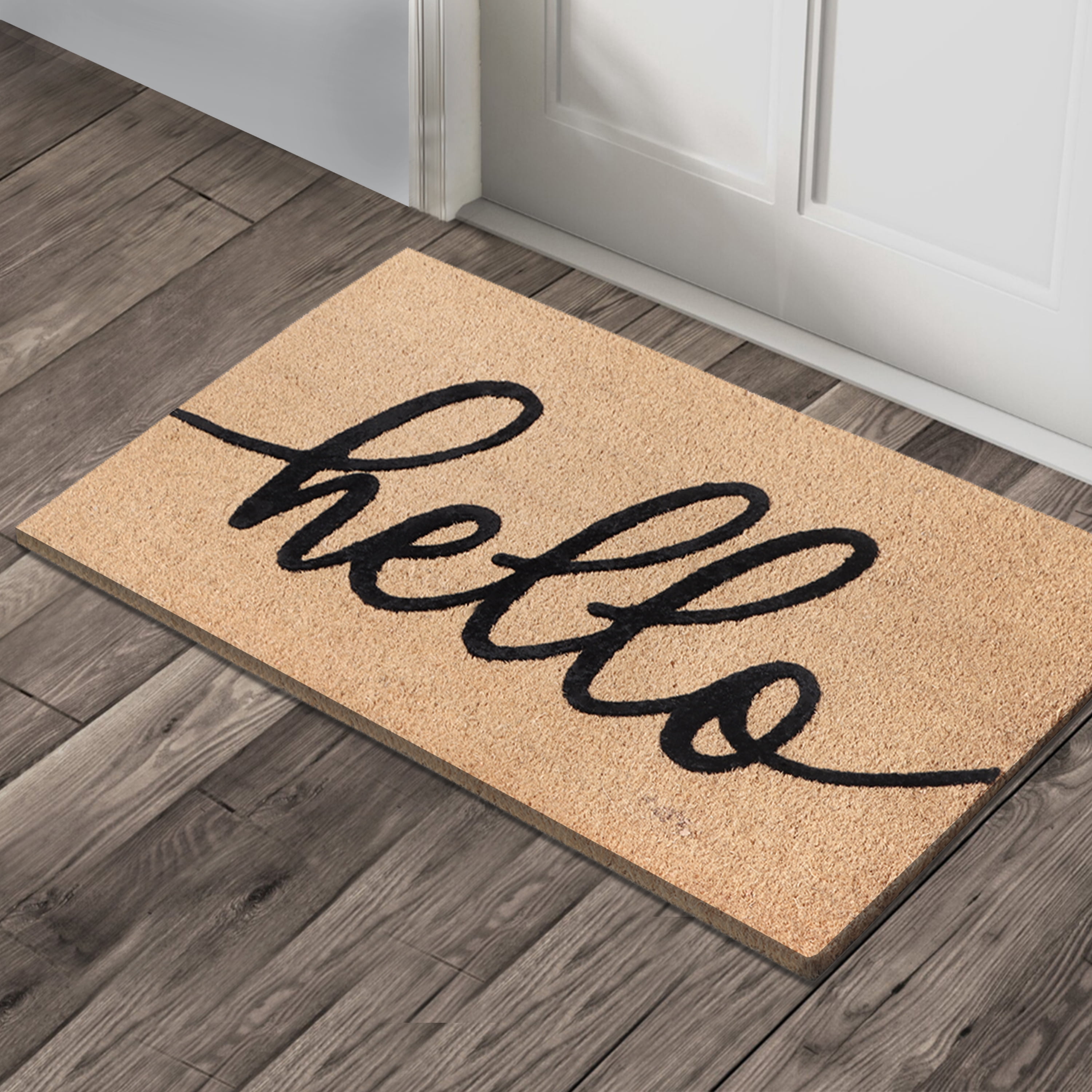 A1HC Natural Coir Flocked Doormat, Black Hello , 18"x30", Durable Outdoor Welcome Mat, Non-Slip, Pet Friendly, Fade Resistant