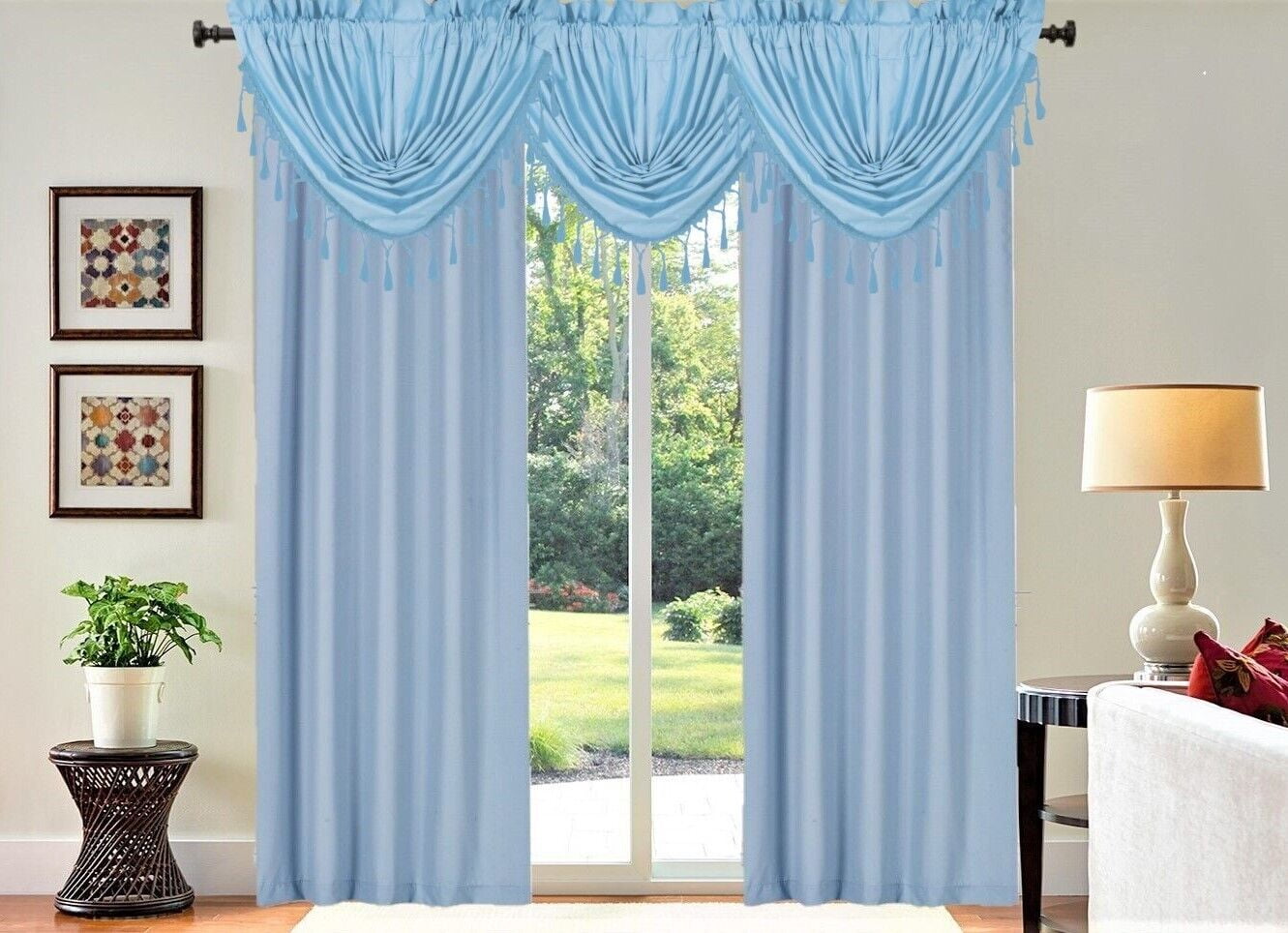 1 curtain waterfall valance light blue color rod pocket lined blackout