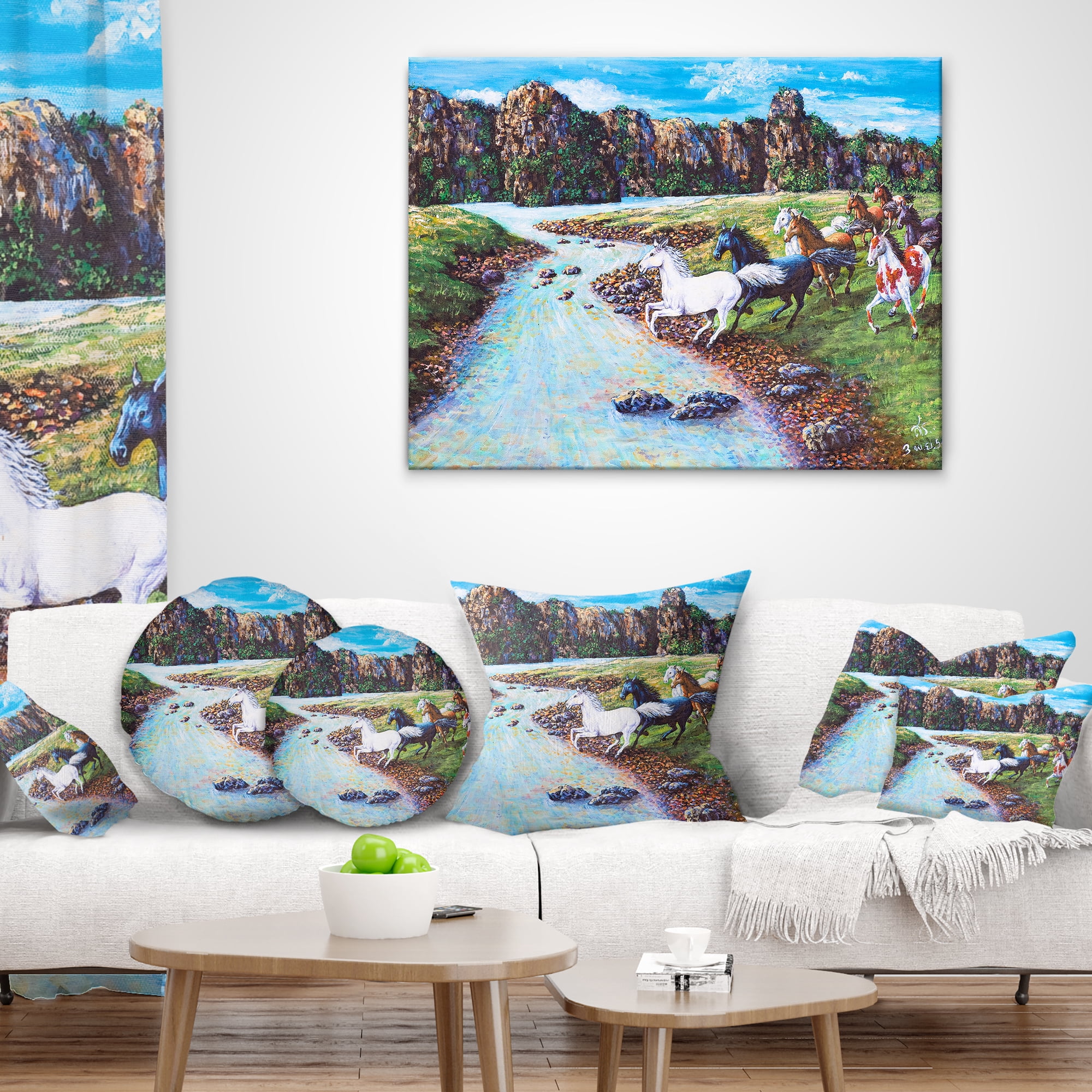 Designart Horses Crossing the Stream - Landscape Painting Throw Pillow - 16x16