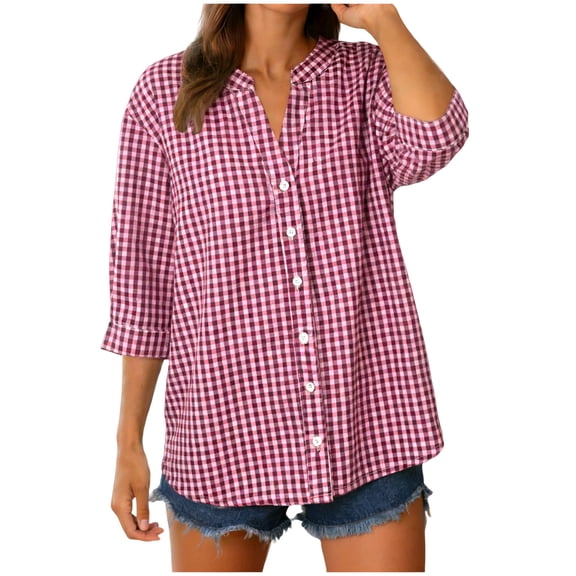felwors Cotton 3/4 Sleeve Button Down Shirts for Women Gingham Plaid Striped Tops V Neck Casual Loose Blouse (Wine, S)