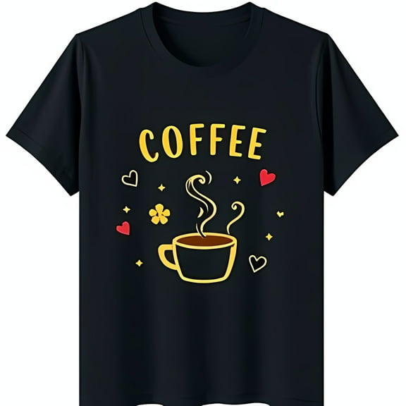 Stylish Black T-Shirt with 'COFFEE' Graphic Yellow Cup & Heart Design