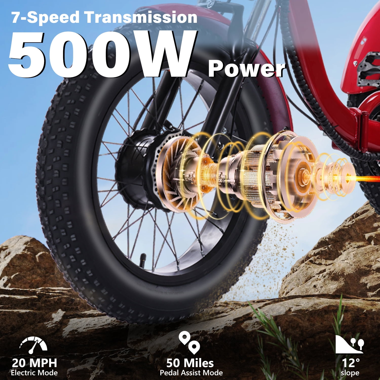 BROOBEY 20" Folding Electric Trike for Adults – 500W Motor, 48V 15Ah Long Range Battery, Fat Tire 3-Wheel E-Bike with Cargo Basket, Step-Thru Cruiser for Seniors, Men & Women, Red