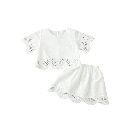 

Frobukio Kids Toddler Girls Casual Summer 2Pcs Skirt Suit Round Neck Peplum Tops and Elastic Waist Skirt White 3-4 Years