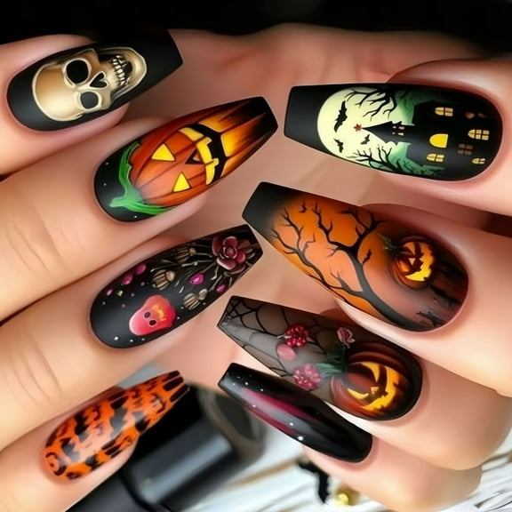 24 Piece Halloween Nails Set with Pumpkin, Skeleton, and Web Patterns for Festive Accessories
