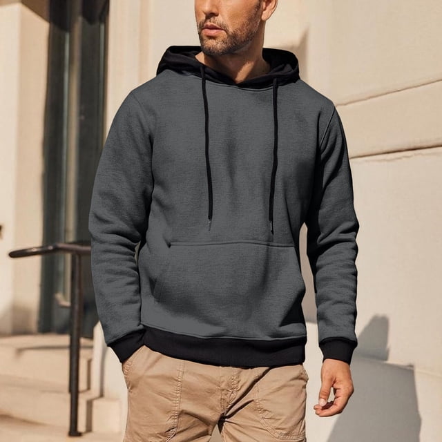pstuiky camisas de manga larga para hombre, Blusa de manga larga con capucha y cordón de color liso para hombre Tops de hombre m