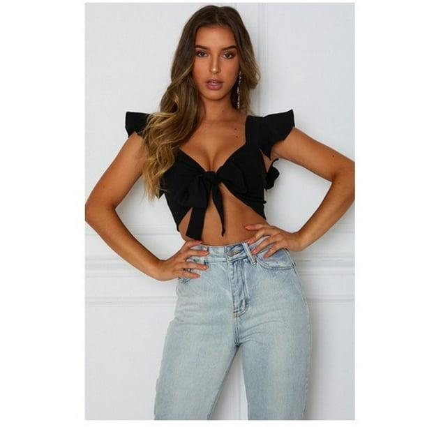 Crop Tops for Women Mesh Long Sleeve Ruched Drawstring Shirts Tops V Neck  Ribbed Sexy Solid Color Cropped Top Blouses
