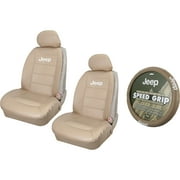 2 Beige/Tan Synthetic Leather Sideless Seat Covers & Tan Steering Wheel Cover Set Car Truck SUV for Jeep