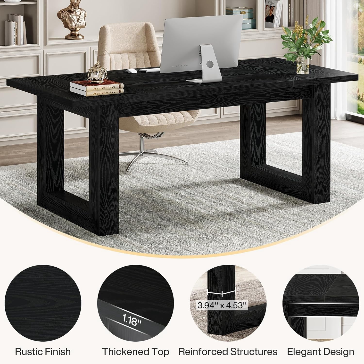 Tribesigns 63-Inch Executive Desk Large Computer Table with Solid Wooden Base, Work Desk for Home Office (Black)
