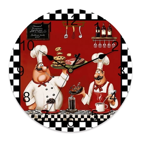Wall Clock Funny Cooking Chef Clocks PVC Silent Non-Ticking Battery Operated Decorative Food Wine Black Plaid Round Clock for Home Living Room Kitchen Bedroom Office School Wall Decor 12 Inch
