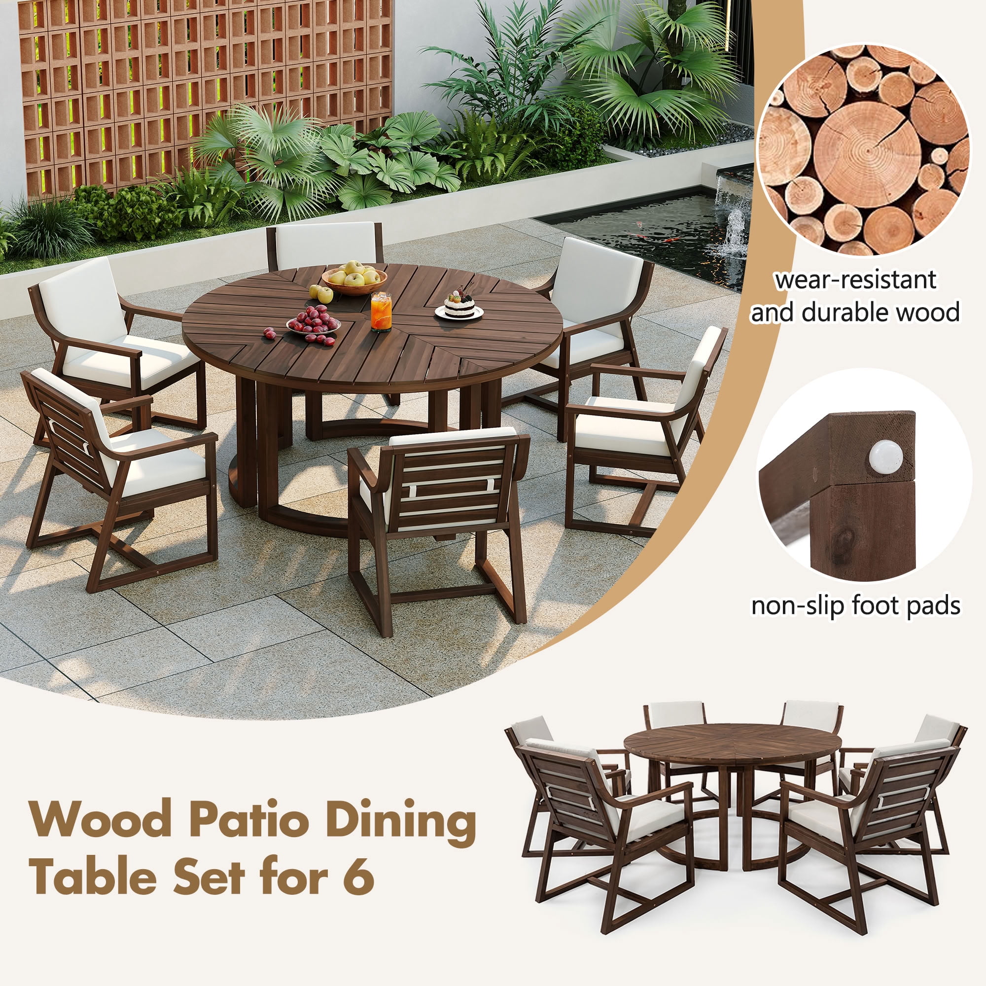 MAYEERTY Patio Dining Table Set for 6, Round Dining Table with 1.96" Umbrella Hole & Removable Cushions for Garden, Backyard and Pools