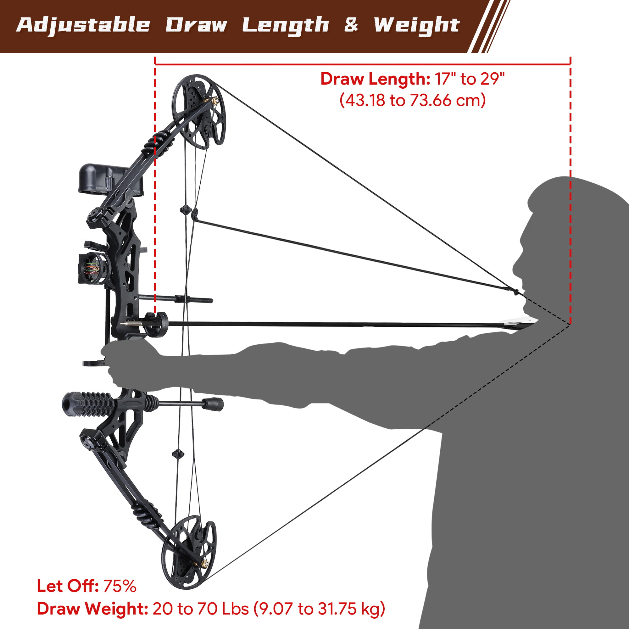 AW Pro Compound Right Hand Bow Kit w/ 12pcs Carbon Arrow Adjustable 20-70lbs Archery Set 