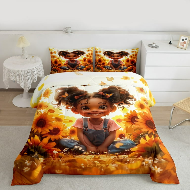 Manfei Cute Black Girl Full Size Comforter Sets, Orange Sunflower