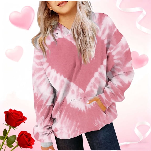 Girls Oversized Pink Tie Dye Heart Hoodie, Soft Stretchy Polyester Spandex for Kids Girls,Size 5-6T
