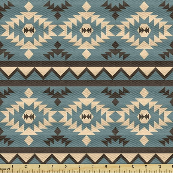 Tribal Fabric by the Yard, Vintage Folkloric Pattern with Geometric Motifs in Cold Colors Art Print, Upholstery Fabric for Dining Chairs Home Decor Accents, 10 Yards, Slate Blue and Beige by Ambesonne