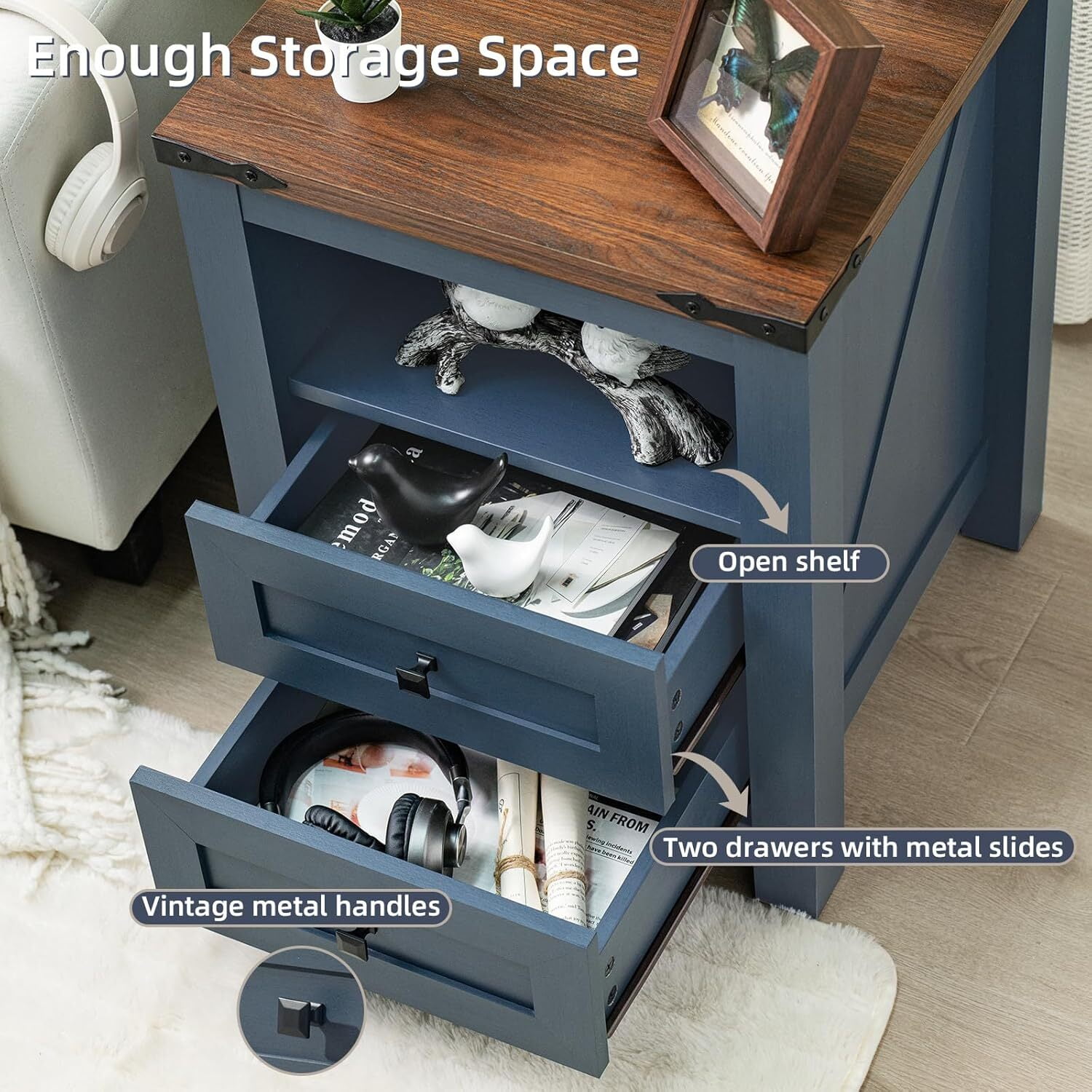 Joaxswe Farmhouse Coffee Table Sets of 3, Large End Side Tables with Charging Station & Coffee Table with Hidden Storage Space, Navy