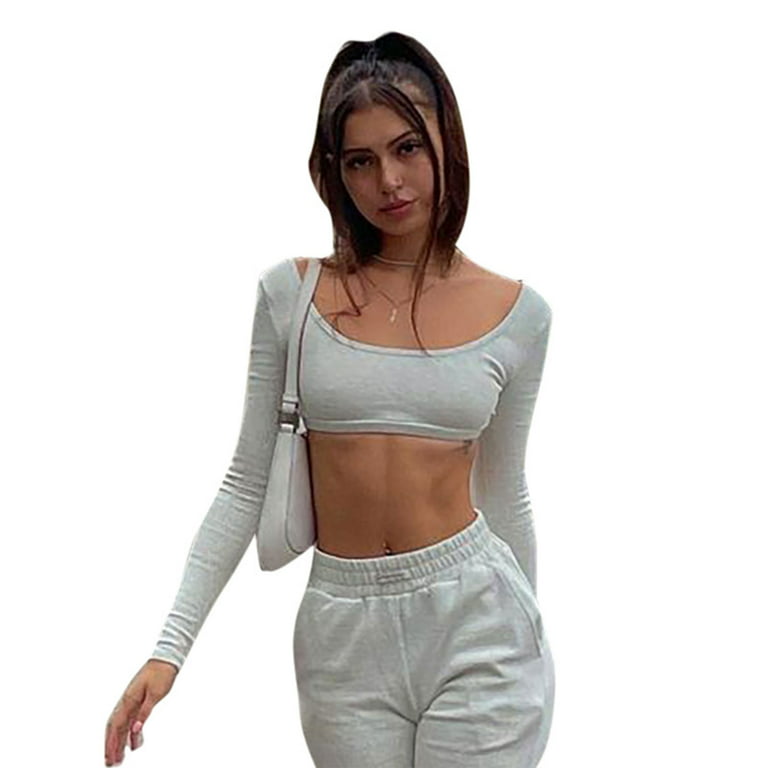GENEMA Women Summer Long Sleeve Micro Crop Top Sexy Square Neck Backless  Bodycon T-Shirt Hook Closure Back Solid Color Slim Tee