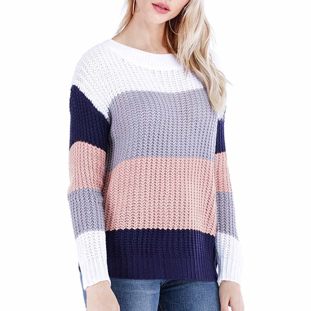 RKSTN Sweaters for Women Fashion Sleeves Round Neck Color Matching Loose Tops Blouse Knitted Sweater Fall Sweaters