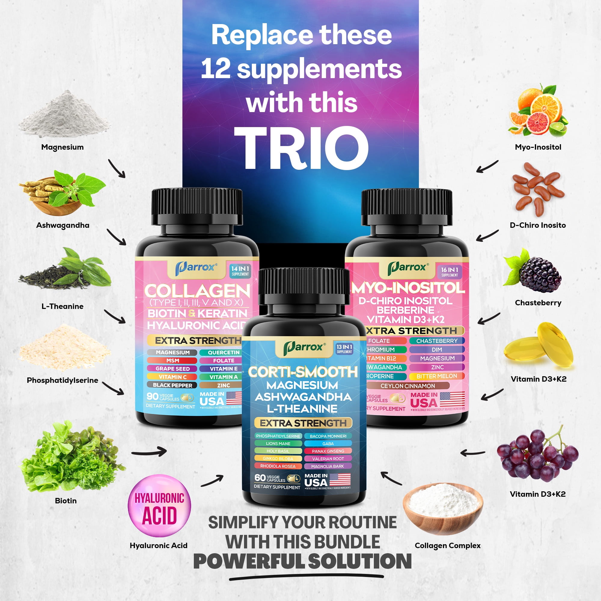 Parrox Ultimate Wellness Bundle – Collagen Peptides Types I, II, III, V, X with Biotin & Keratin,Myo-Inositol,DIM,Vitex,L-Theanine,Berberine,Lions Mane,Cortisol Support,Magnesium,Ashwagandha (3 Pack)