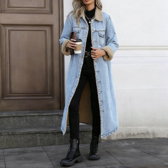 Women's Lapel Button Up Sherpa Fleece Lined Long Overcoat Denim Jacket