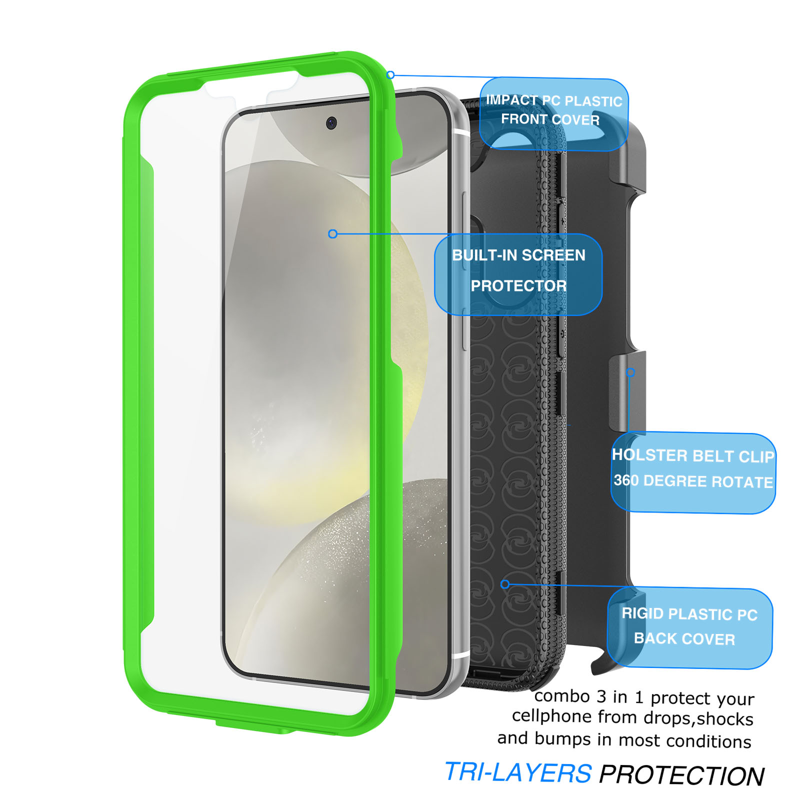 Njjex Phone Cases for Samsung Galaxy S24 5G 2024, [Buit-in Temerped Glass Screen Protector] Combo Holster Belt Clip [Heavy Duty] [Kickstand] Full-Body Rugged Holster Case（Green) - image 2 of 6