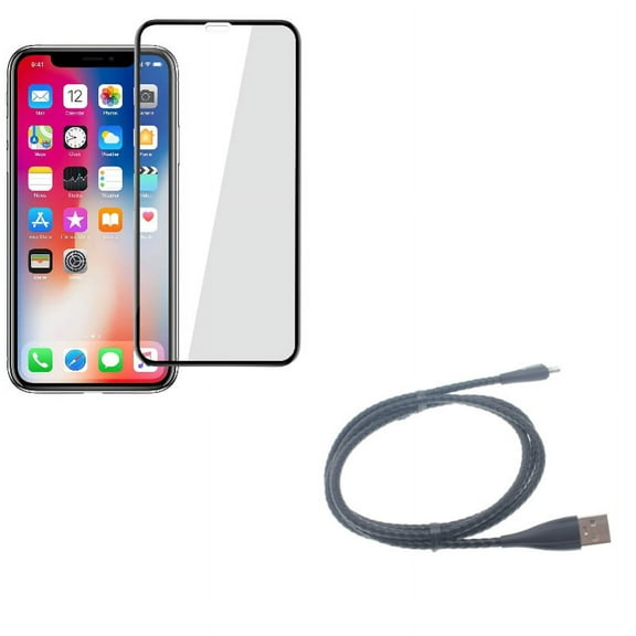iPhone XS/X - 3ft Metal USB Cable w Tempered Glass Screen Protector - Charger Cord Power Wire Braided Sync Fast Charge, 5D Touch Curved Edge Full Cover Bubble Free Case Friendly 9H Hardness