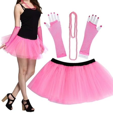 Fashion 80's Neon UV Women Tutu Skirt Beads Hen Fancy Dress Party Costumes 3PCS