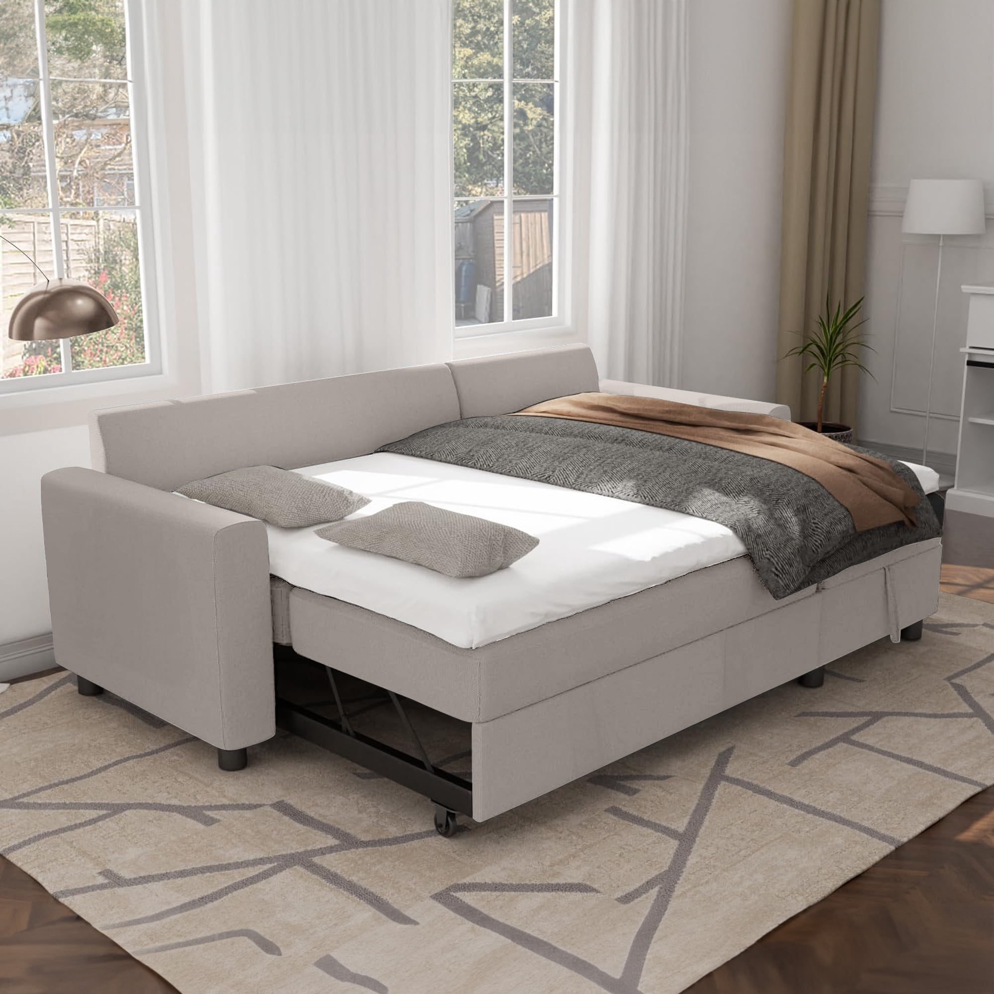 DEALTOPS Linen Reversible Sleeper Sectional Sofa Bed with Storage Chaise,Beige