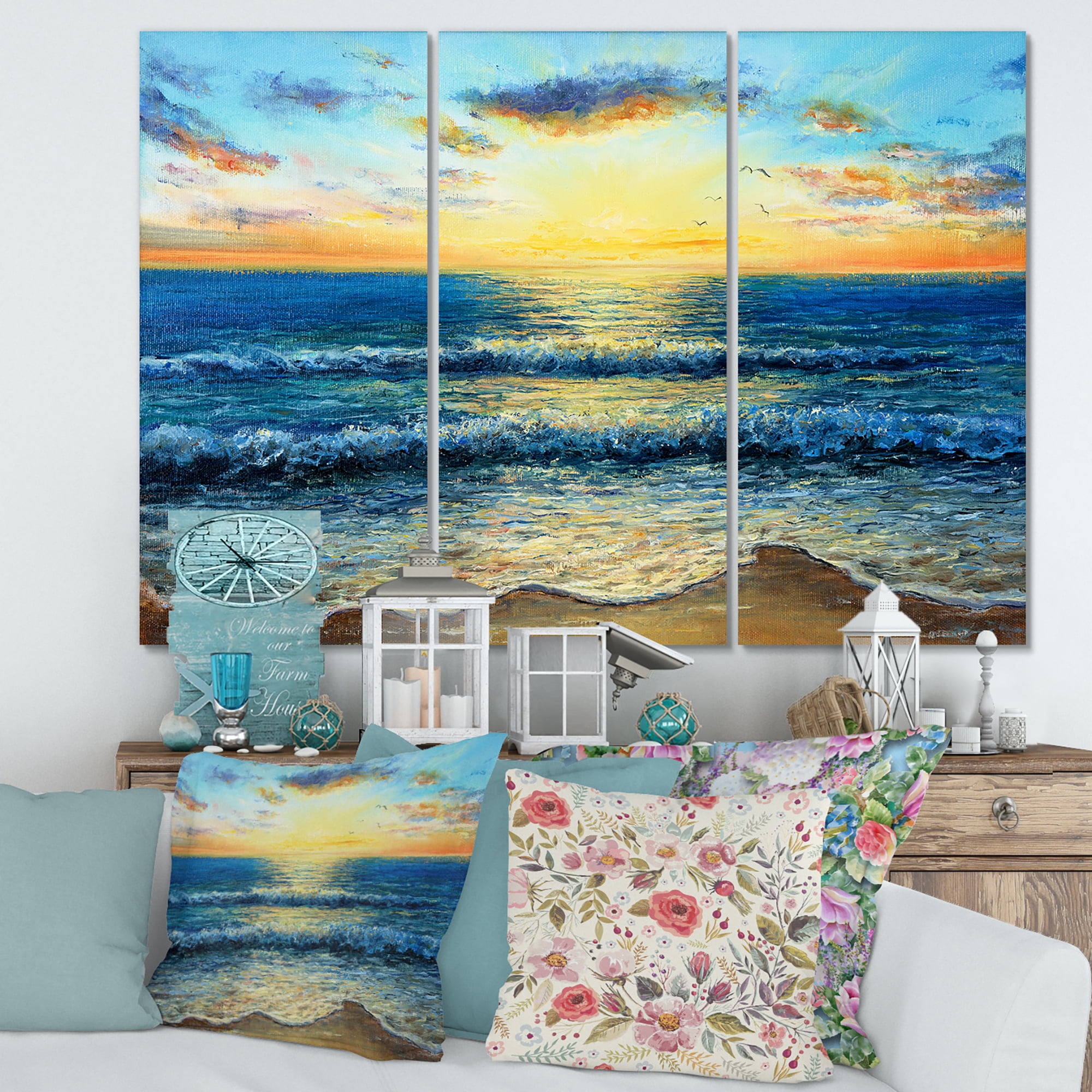 Designart ' Sunrise Glow On The Ocean Waves I ' Nautical & Coastal Canvas Wall Art Print