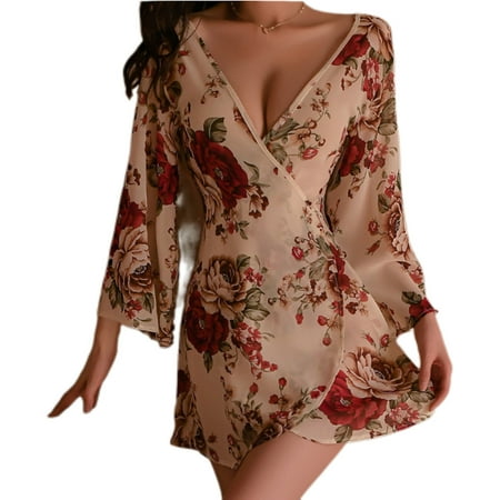 WIZUTIZ Babydoll Lingerie for Women Two Piece Mesh Underwear Corset Women s Floral Sleeping Robe Perspective Sexy Bralette Sleeping Skirt Set Flash Deals