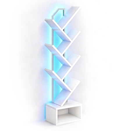 6-Tier Tree Bookshelf with LED Light, Modern Corner Bookcase Display Shelf for Living Room, Bedroom & Home Office, White
