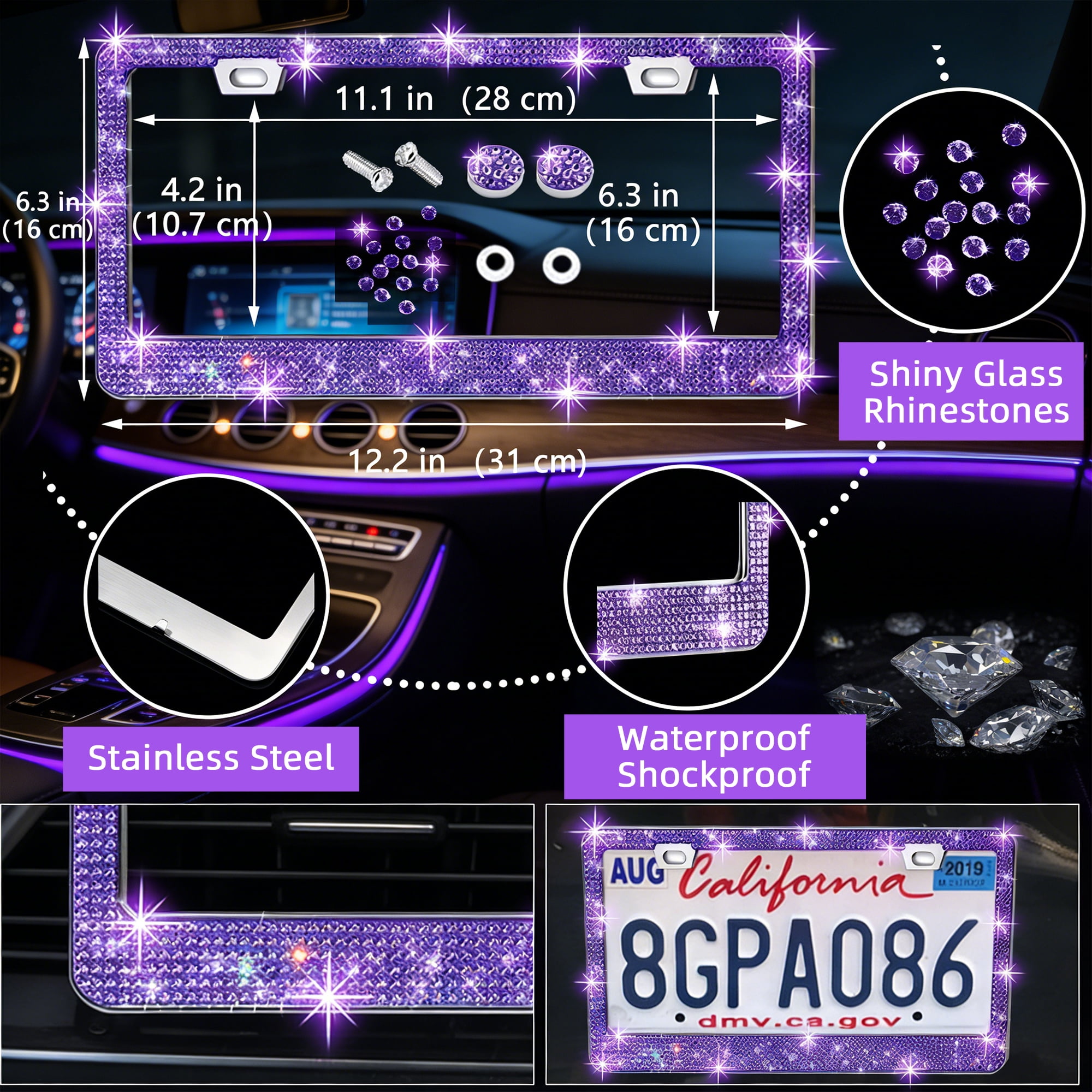 Laptom Max Purple, 1 mm, Universal Fit Cover, Rhinestone Steering Wheel Cover