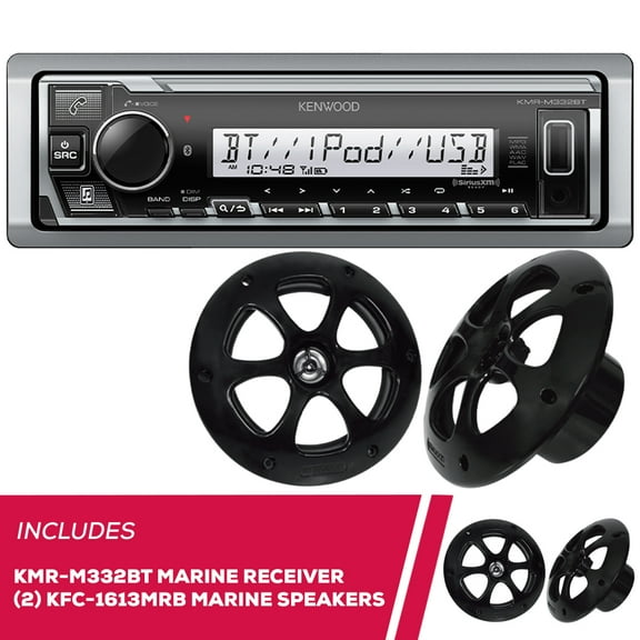 New Kenwood KMR-M332BT Marine Media Receiver and 2 Pack KFC-1613MRB 6.5" Speakers