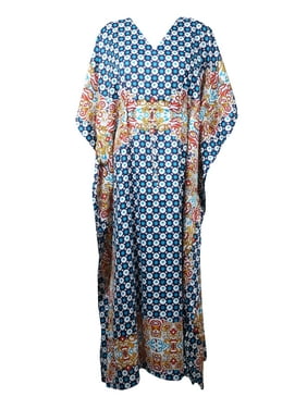 Mogul Women Blue Kimono Maxi Caftan Dress Printed Deep Neck Loose Beach Bikini Cover Up Kaftan Dress One Size