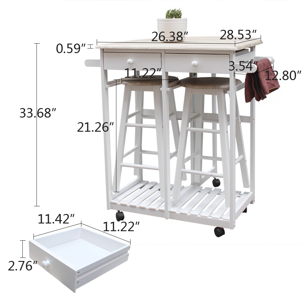Kepooman Semicircle Folding Dining Cart With Round Stools, Solid Wood Serving Cart, White Kepooman Semicircle Folding Dining Cart With Round Stools, Solid Wood Serving Cart, White