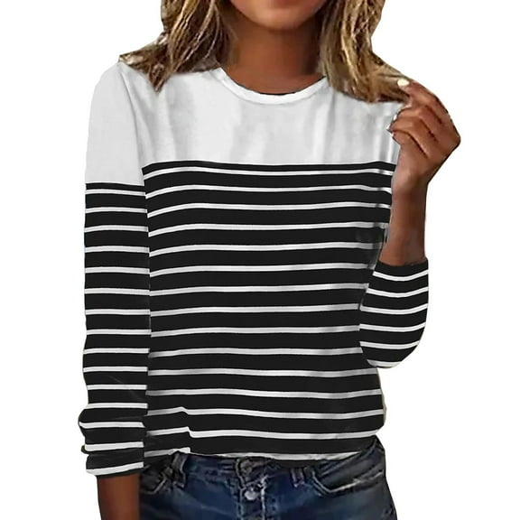 XuJwPNcy Long Sleeve Shirts for Women Round Neck Striped Printed Tops Pullover Shirts Casual Comfy Fall Fashion Outfits