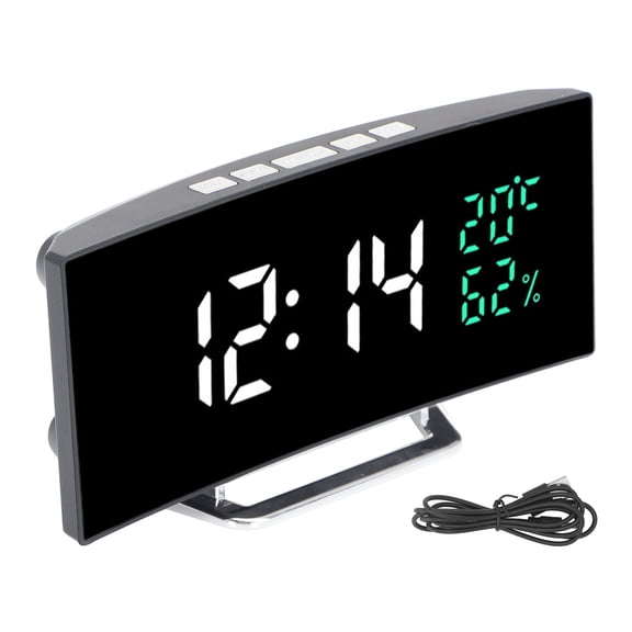 LED Mirror Alarm Clock Curved Screen 12 24 Hour Temperature Humidity Display Snooze Mode Electric Alarm Clock