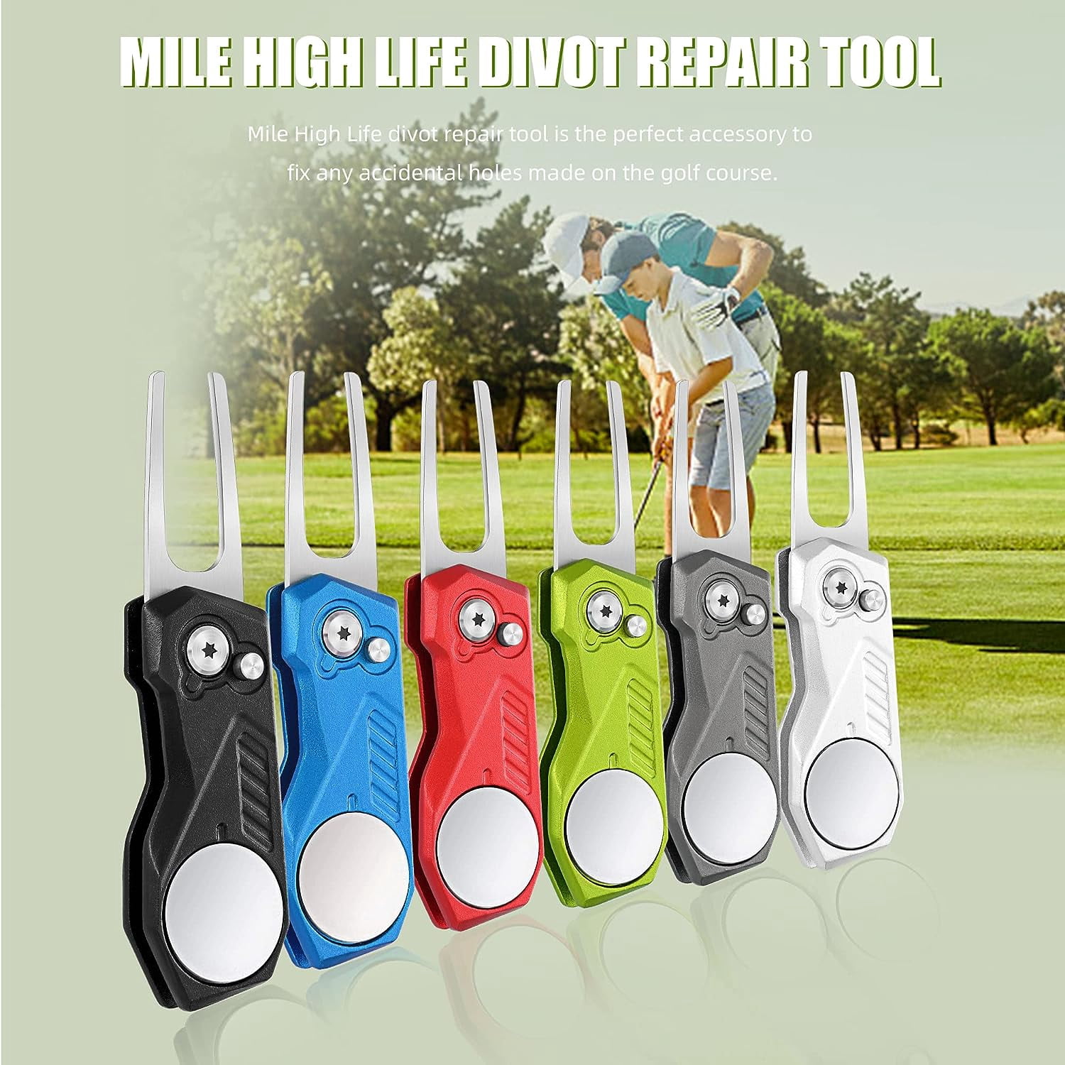 Golf Divot Repair Tool w Magnetic Golf Ball Marker | All Metal Foldable Divot Tool w Pop-up Button | Golf Accessories for Men