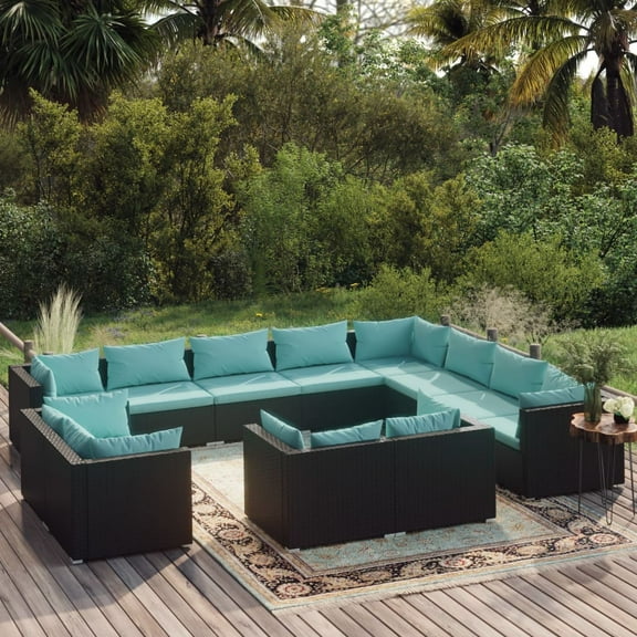 vidaXL 12 Piece Patio Lounge Set with Cushions Black Poly Rattan, 3102889