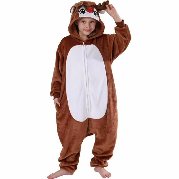 SWEETXIN Kids Reindeer Onesie Pajamas Halloween Plush Costume Sleepwear Christmas Gift for Girls Boys Jumpsuit 5T