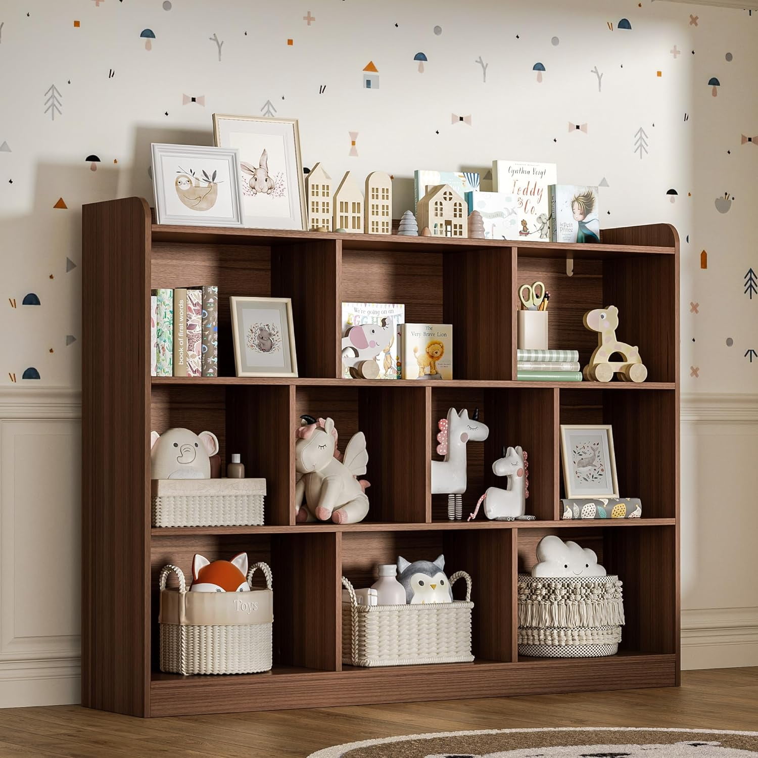 DIYART Brown Wood Bookcase with 3 Tier Open Shelves, 10-Cube Storage Shelf, 55.1" W x 42.5" H