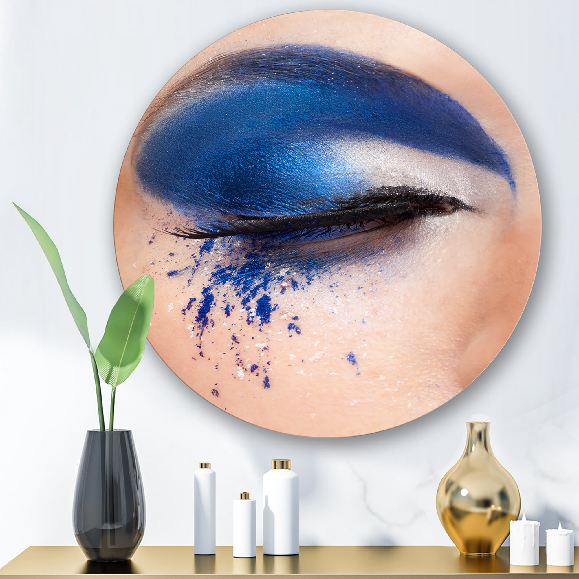 Designart 'Closed Woman Eye With Blue Fantasy Make Up' Modern Circle Metal Wall Art 11x11 - Disc of 11